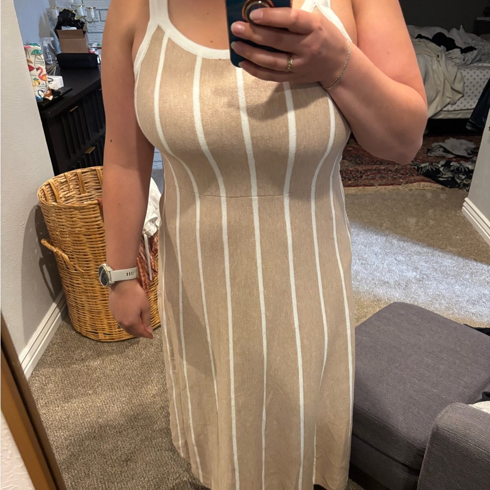 Chic Tan and White Striped Midi Dress